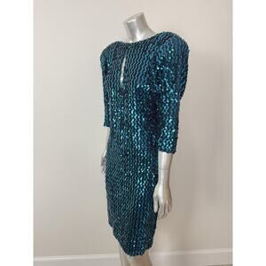 Vintage Climax David Howard Sequin Dress Womens S/M Blue 80s Stuctured Shoulder